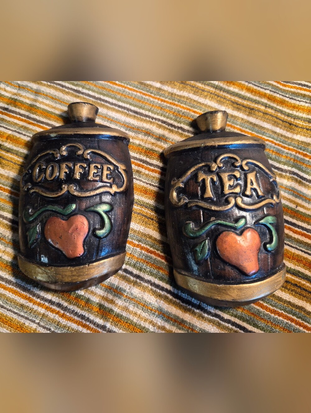 Vintage Style Coffee & Tea Wall Canisters - Brown with Gold Accents